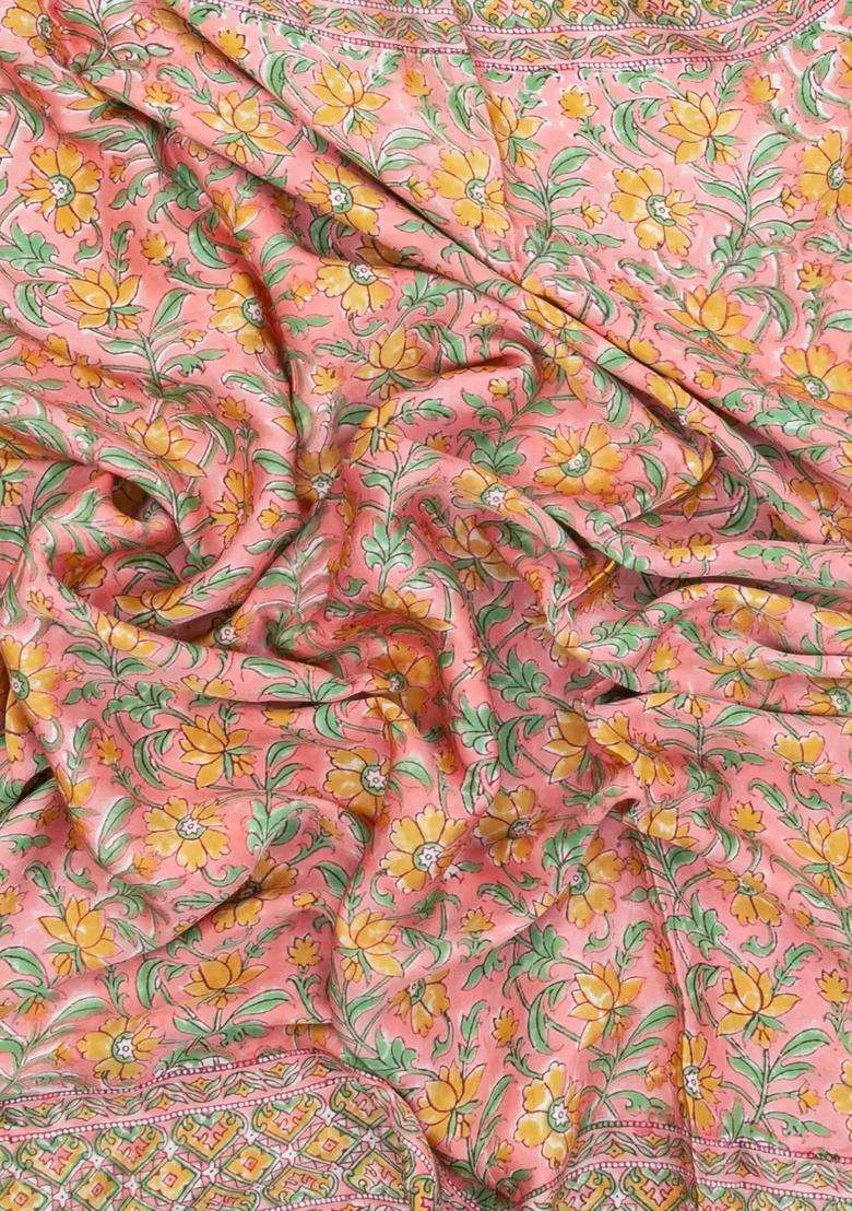 Baby Pink Printed Modal Silk Saree With Floral Motifs For Women - Indya