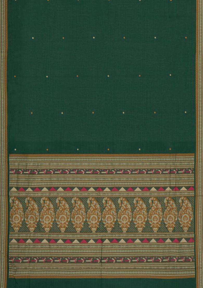 Green Handloom Kanchi Cotton Saree With Buttas With Buttas And Brocade Design For Women - Indya
