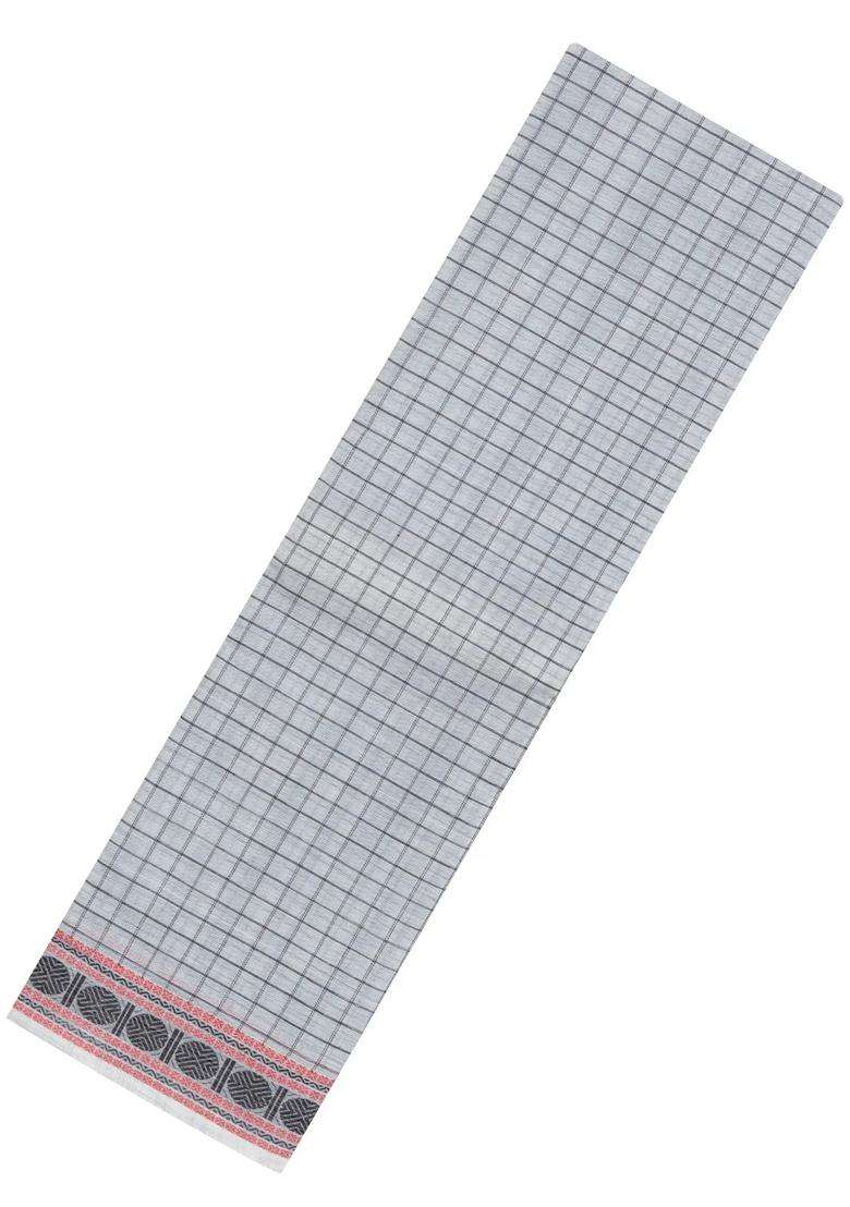 White Handloom Kanchi Cotton Saree With Checks With Checks And Stripes Design For Women - Indya