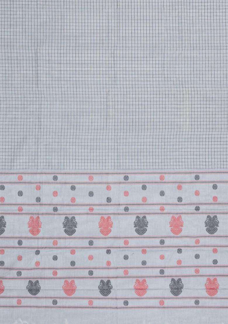 White Handloom Kanchi Cotton Saree With Checks With Checks And Stripes Design For Women - Indya