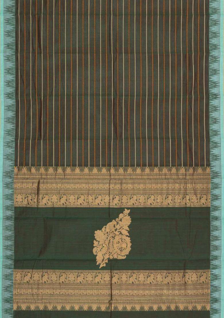 Green Handloom Kanchi Cotton Saree With Stripes With Checks And Stripes Design For Women - Indya