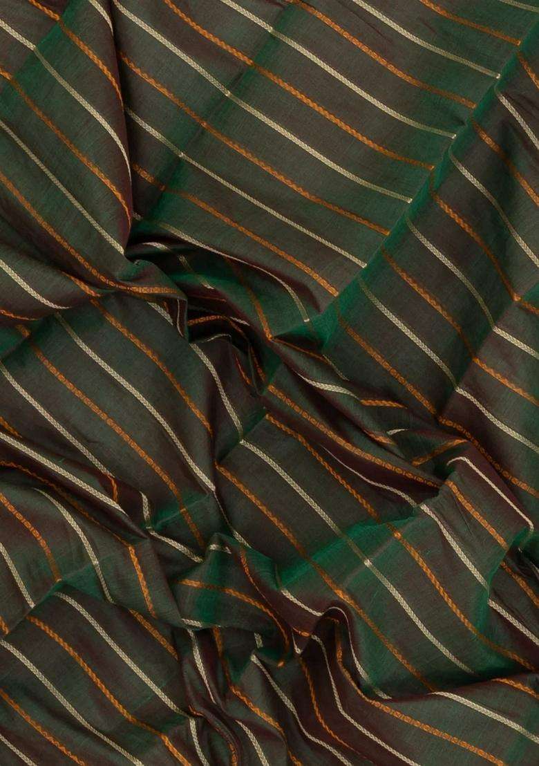 Green Handloom Kanchi Cotton Saree With Stripes With Checks And Stripes Design For Women - Indya