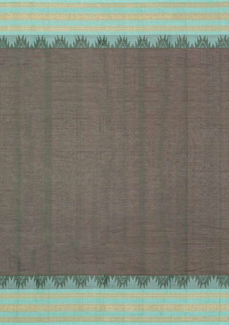 Green Handloom Kanchi Cotton Saree With Stripes With Checks And Stripes Design For Women - Indya