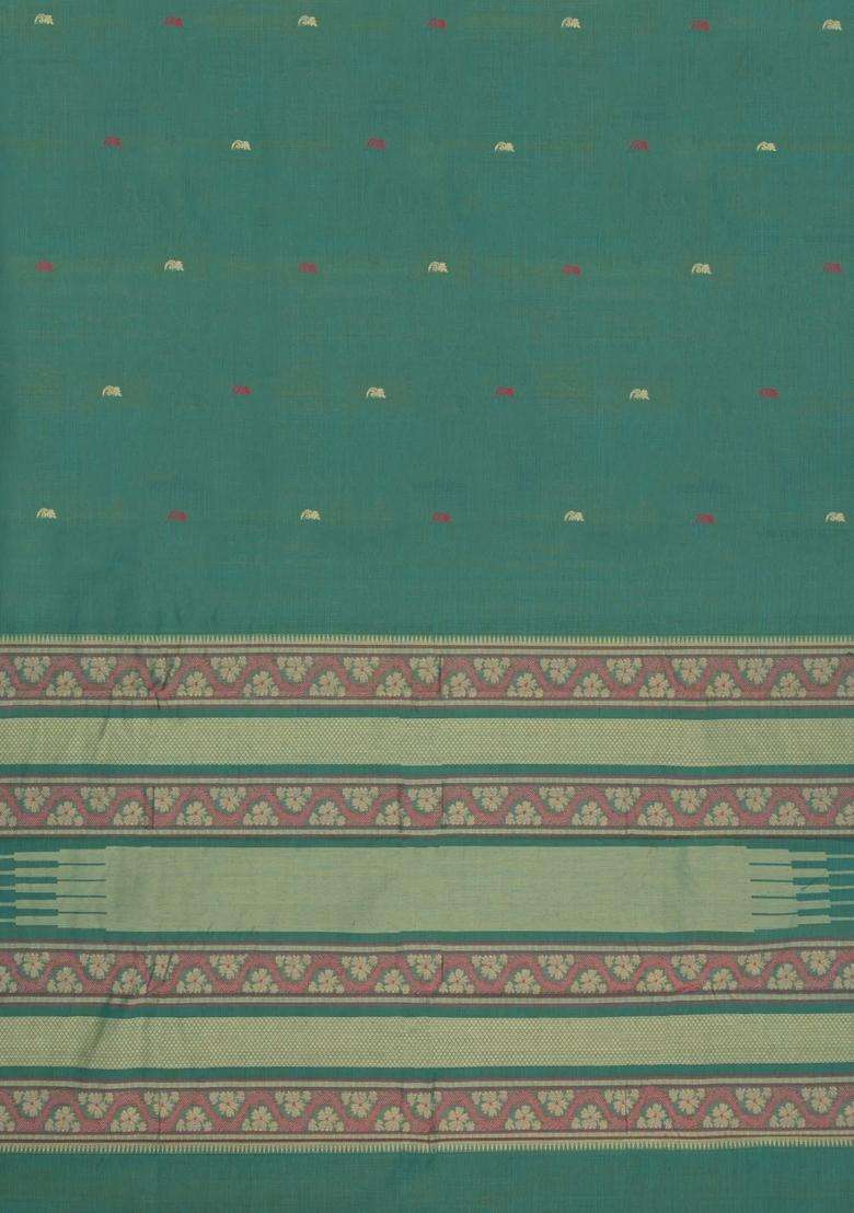 Aquamarine Handloom Kanchi Cotton Saree With Buttas With Buttas And Brocade Design For Women - Indya