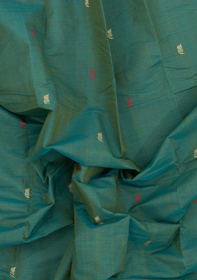 Aquamarine Handloom Kanchi Cotton Saree With Buttas With Buttas And Brocade Design For Women - Indya