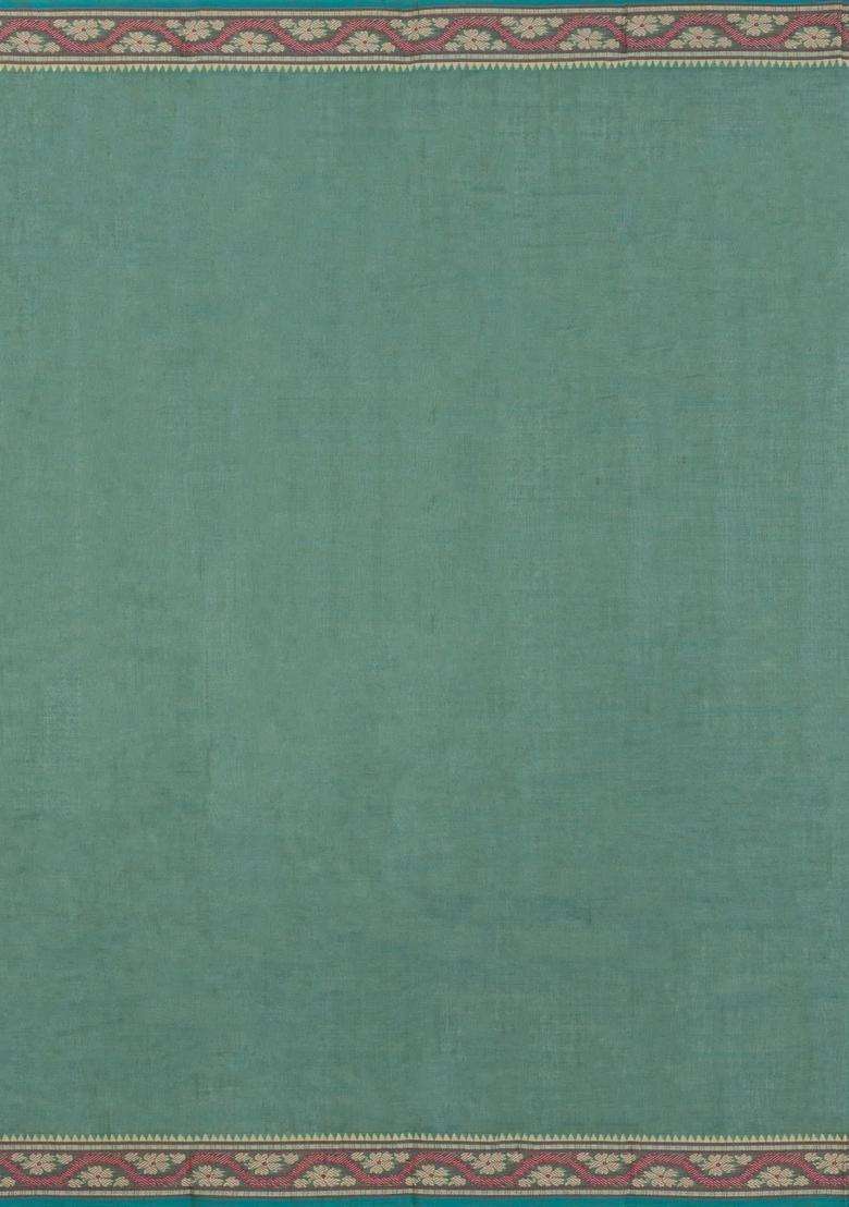 Aquamarine Handloom Kanchi Cotton Saree With Buttas With Buttas And Brocade Design For Women - Indya