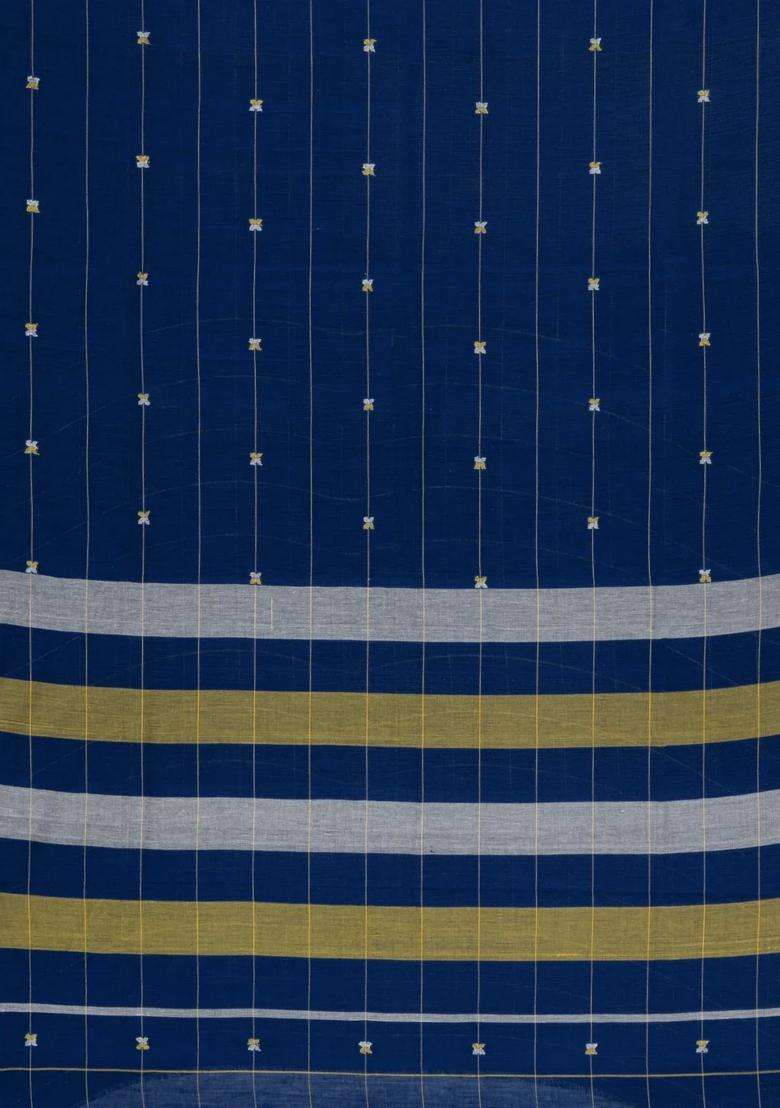 Dark Blue Handloom Uppada Cotton Saree With Stripes Buttas With Buttas And Brocade Design For Women - Indya