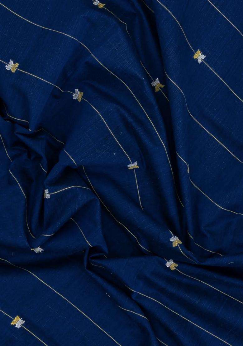 Dark Blue Handloom Uppada Cotton Saree With Stripes Buttas With Buttas And Brocade Design For Women - Indya