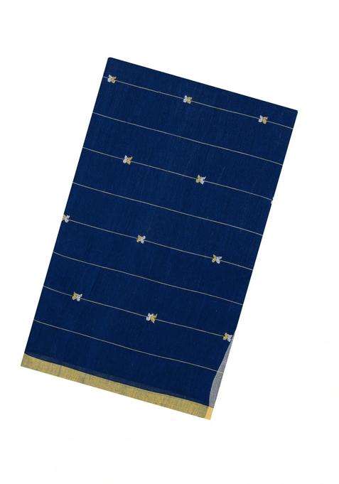 Dark Blue Handloom Uppada Cotton Saree With Stripes Buttas With Buttas And Brocade Design For Women