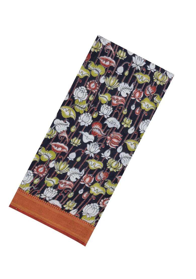 Black Printed Kalamkari Cotton Saree With Zari Border For Women - Indya