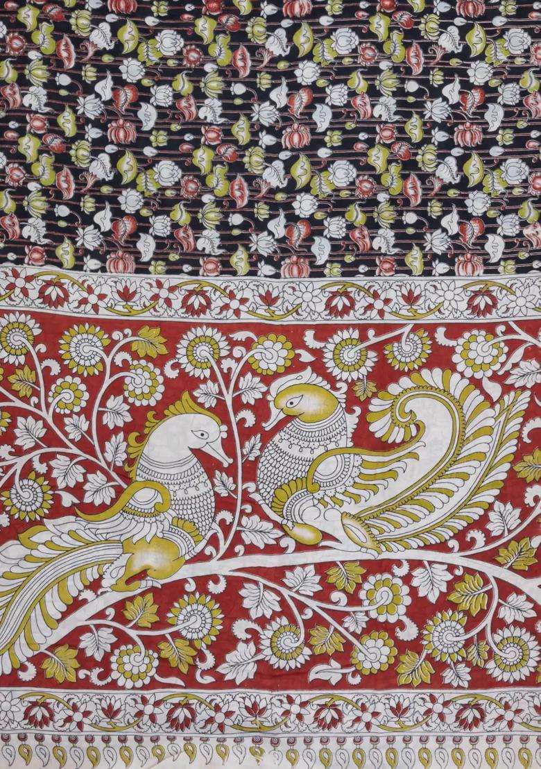 Black Printed Kalamkari Cotton Saree With Zari Border For Women - Indya