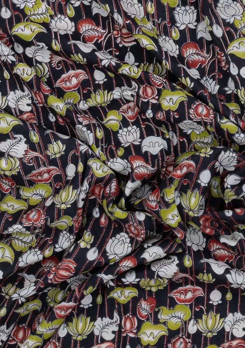 Black Printed Kalamkari Cotton Saree With Zari Border For Women - Indya