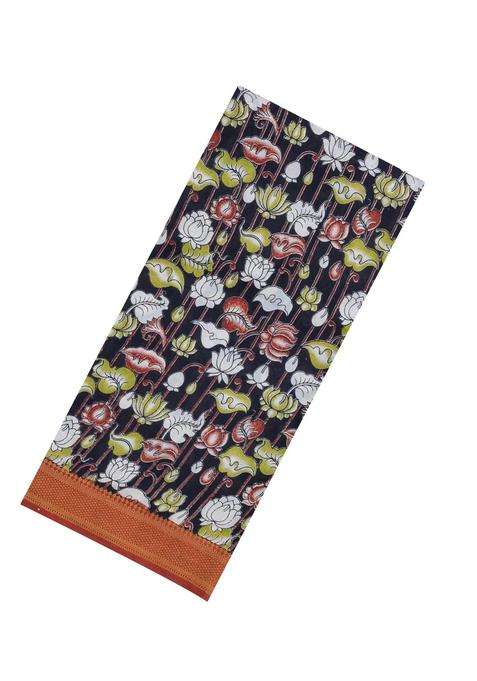 Black Printed Kalamkari Cotton Saree With Zari Border For Women