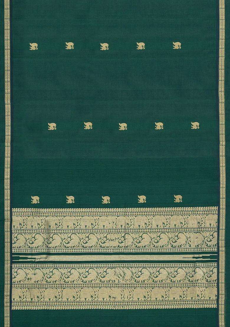 Dark Green Handloom Kanchi Cotton Saree With Buttas With Buttas And Brocade Design For Women - Indya