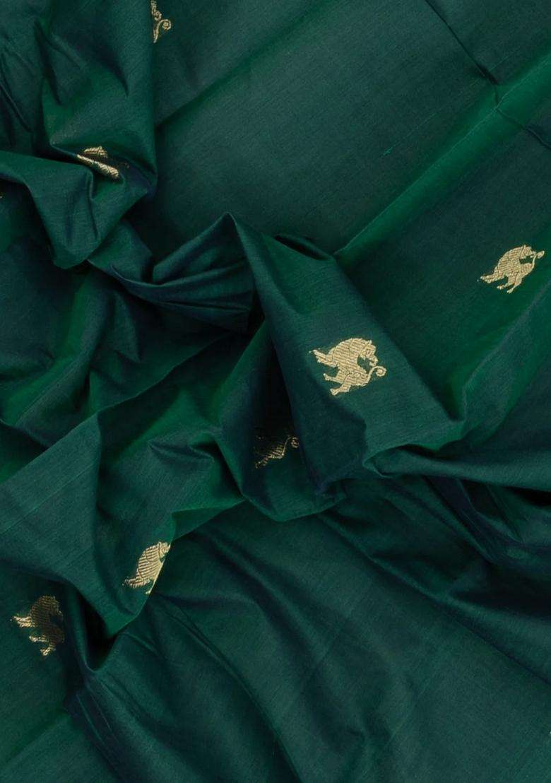 Dark Green Handloom Kanchi Cotton Saree With Buttas With Buttas And Brocade Design For Women - Indya