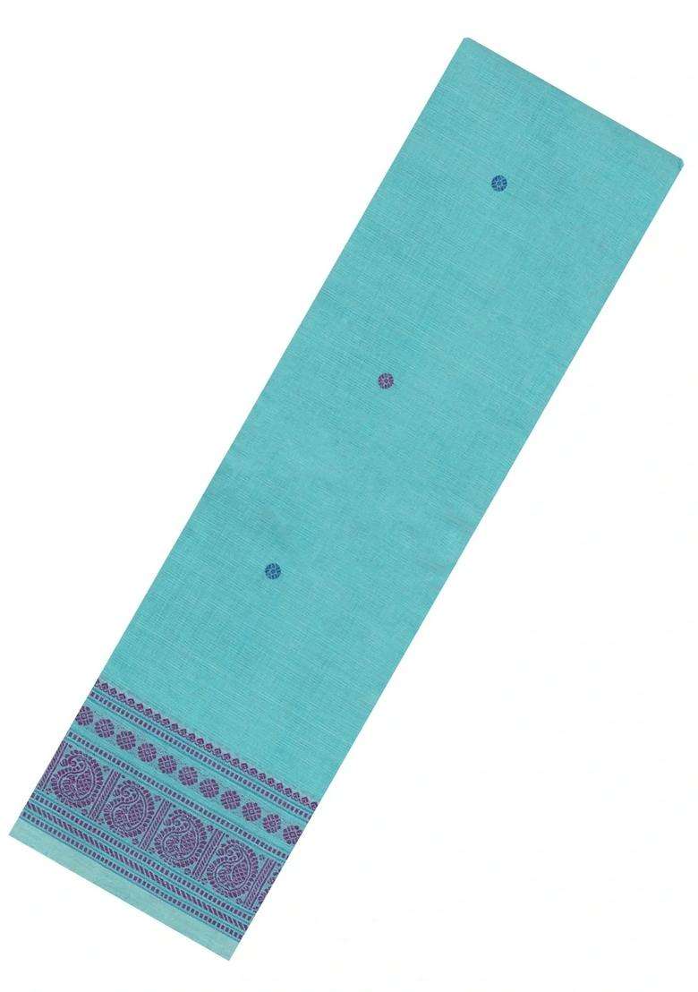 Turquoise Handloom Kanchi Cotton Saree With Buttas With Buttas And Brocade Design For Women - Indya
