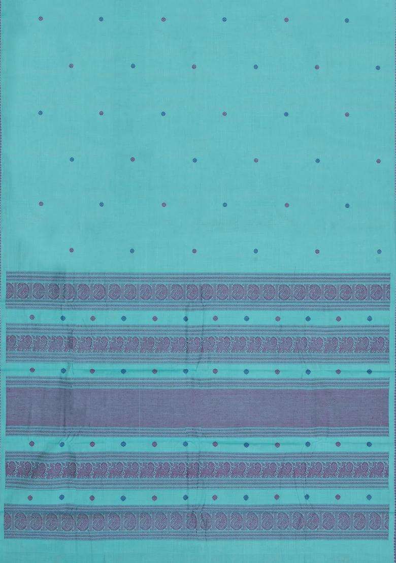 Turquoise Handloom Kanchi Cotton Saree With Buttas With Buttas And Brocade Design For Women - Indya