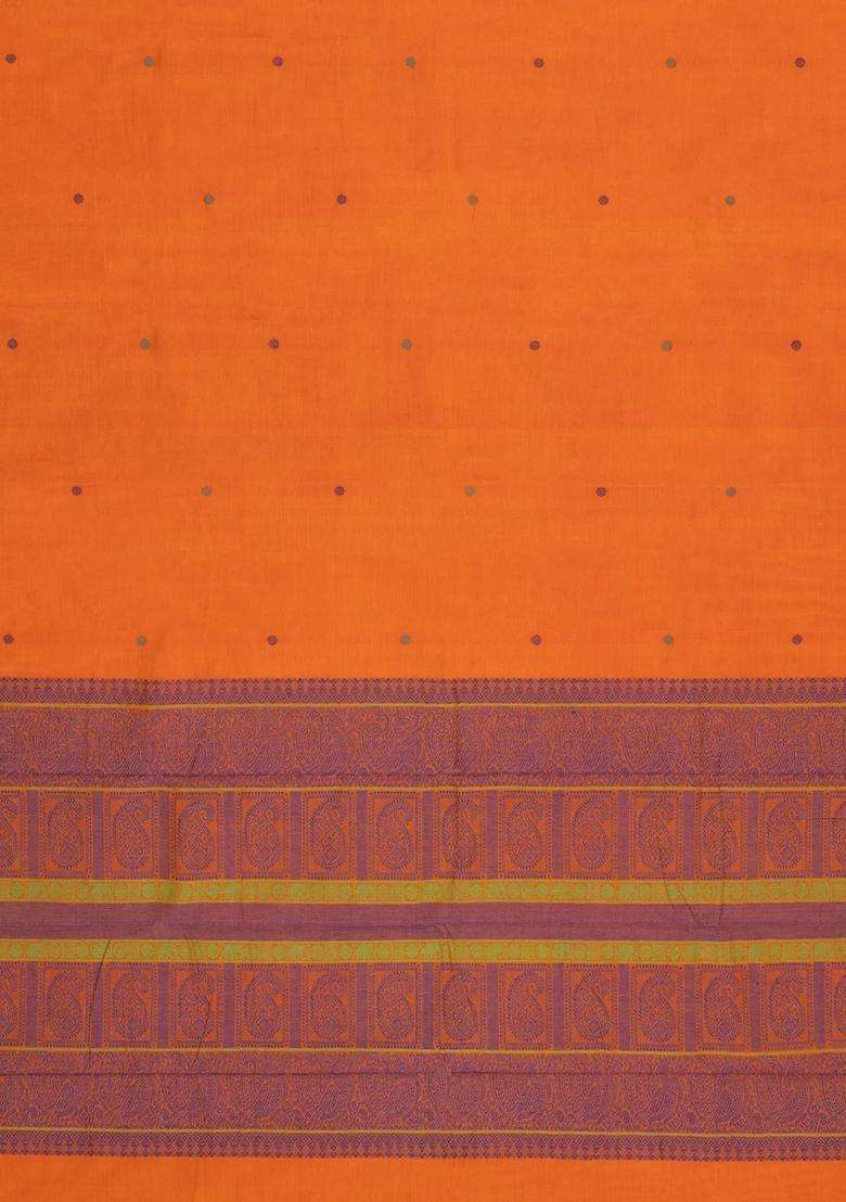 Orange Handloom Kanchi Cotton Saree With Buttas With Buttas And Brocade Design For Women - Indya