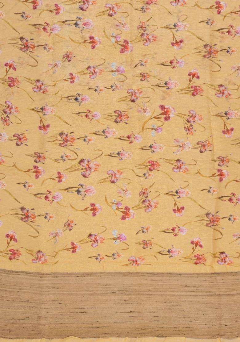 Sandal Printed Linen Saree With Floral Motifs For Women - Indya