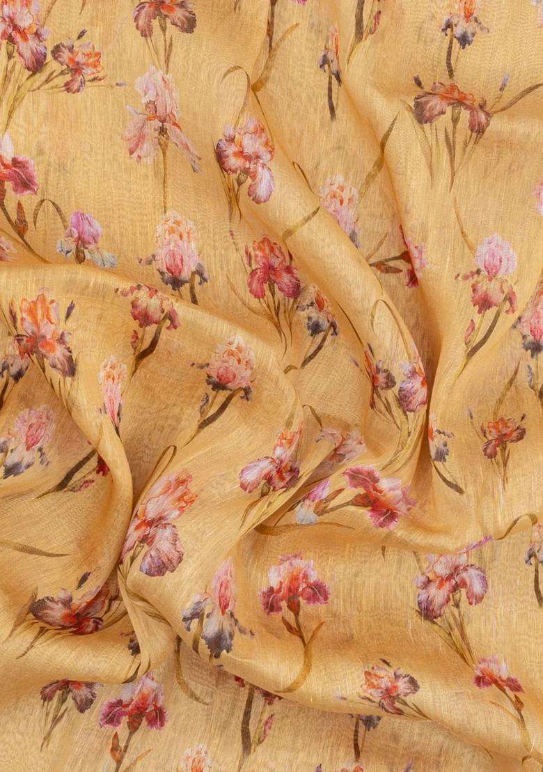 Sandal Printed Linen Saree With Floral Motifs For Women - Indya