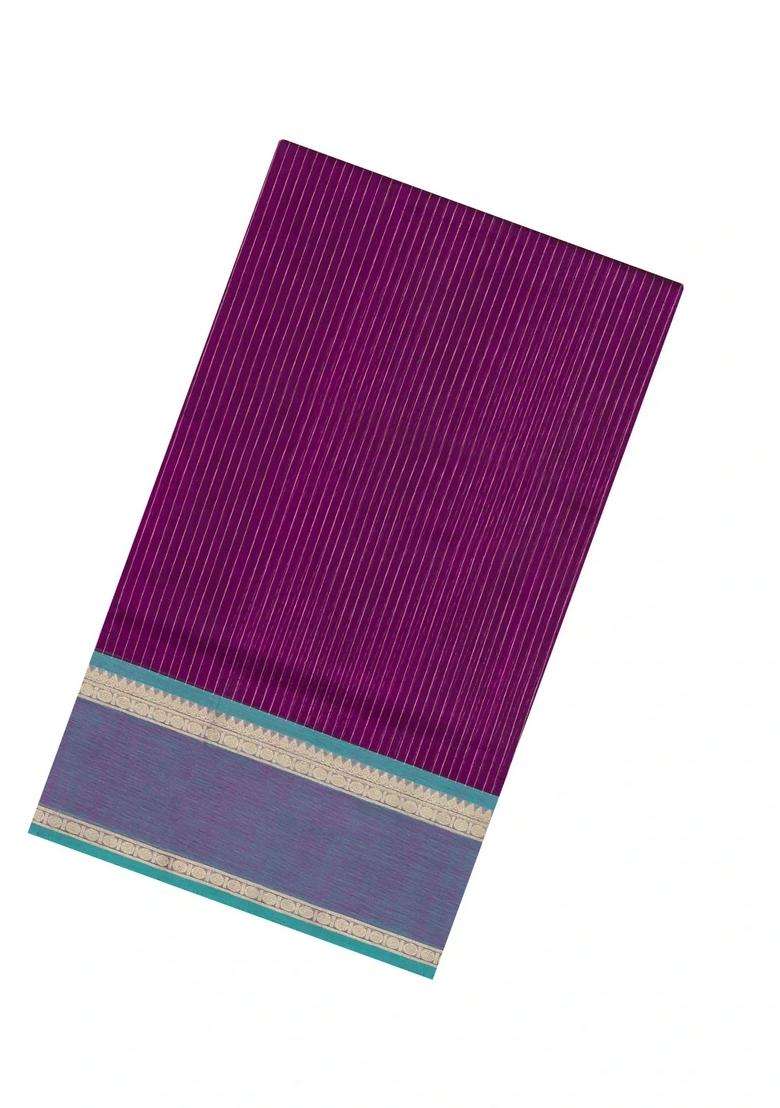 Magenta Handloom Silk Cotton Saree With Stripes Contrast Border With Checks And Stripes Design For Women - Indya