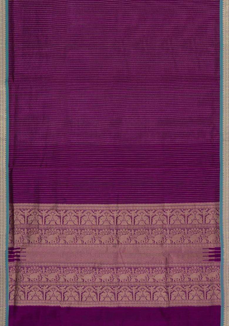 Magenta Handloom Silk Cotton Saree With Stripes Contrast Border With Checks And Stripes Design For Women - Indya