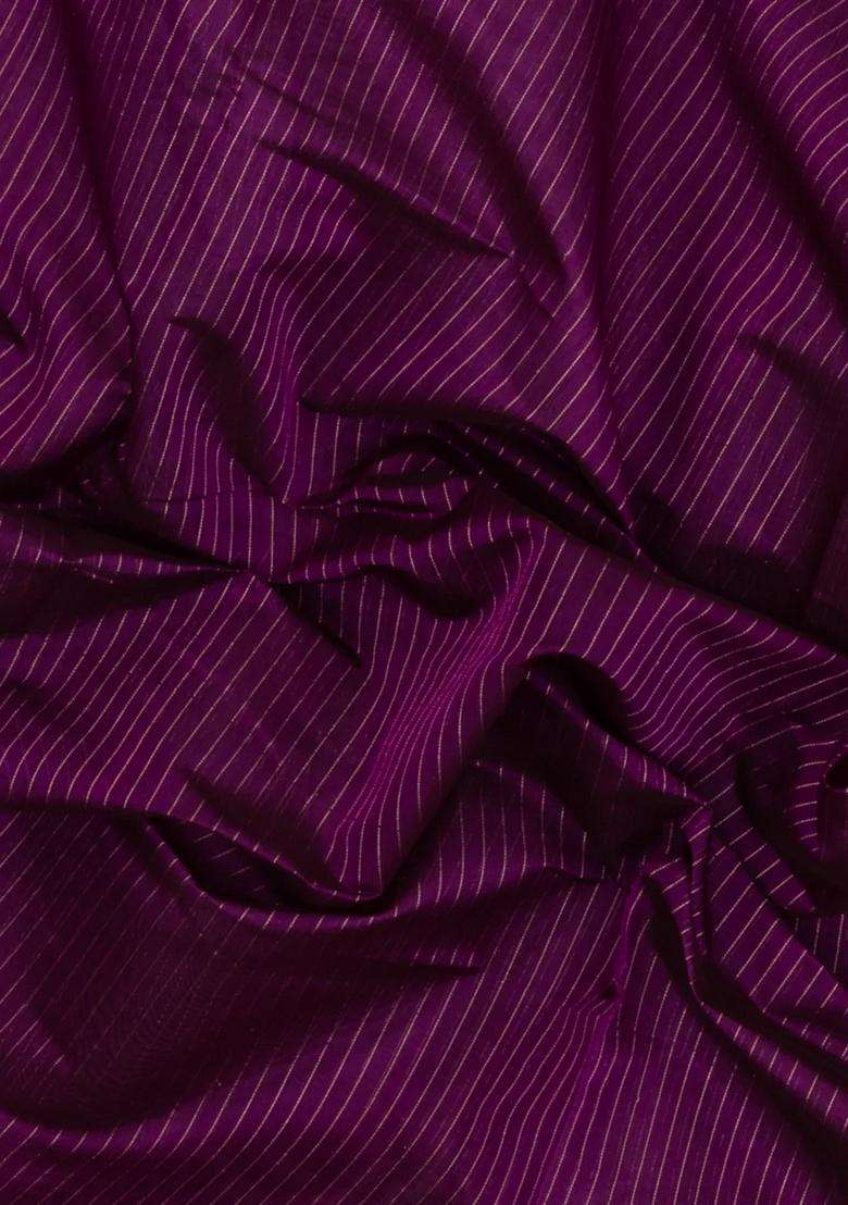 Magenta Handloom Silk Cotton Saree With Stripes Contrast Border With Checks And Stripes Design For Women - Indya