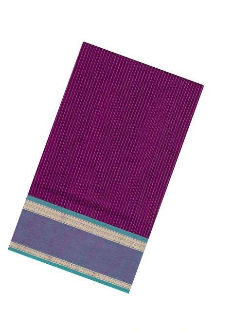 Magenta Handloom Silk Cotton Saree With Stripes Contrast Border With Checks And Stripes Design For Women