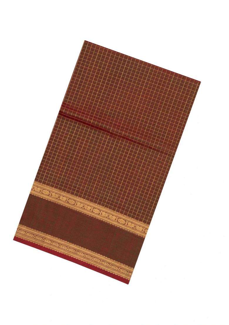 Brown Handloom Silk Cotton Saree With Zari Checks With Checks And Stripes Design For Women - Indya