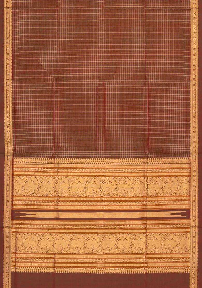 Brown Handloom Silk Cotton Saree With Zari Checks With Checks And Stripes Design For Women - Indya