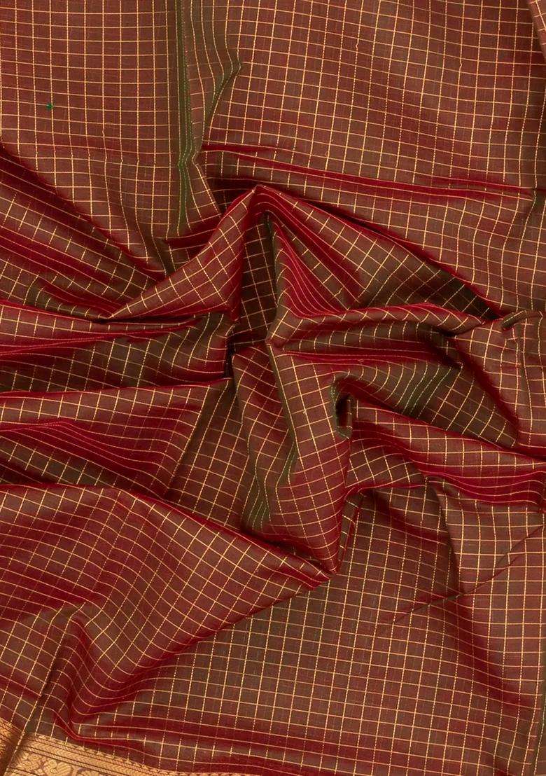 Brown Handloom Silk Cotton Saree With Zari Checks With Checks And Stripes Design For Women - Indya