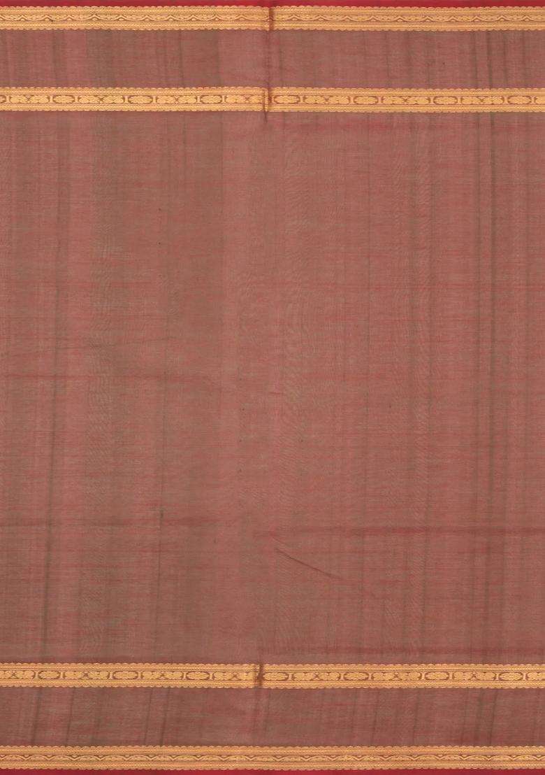 Brown Handloom Silk Cotton Saree With Zari Checks With Checks And Stripes Design For Women - Indya