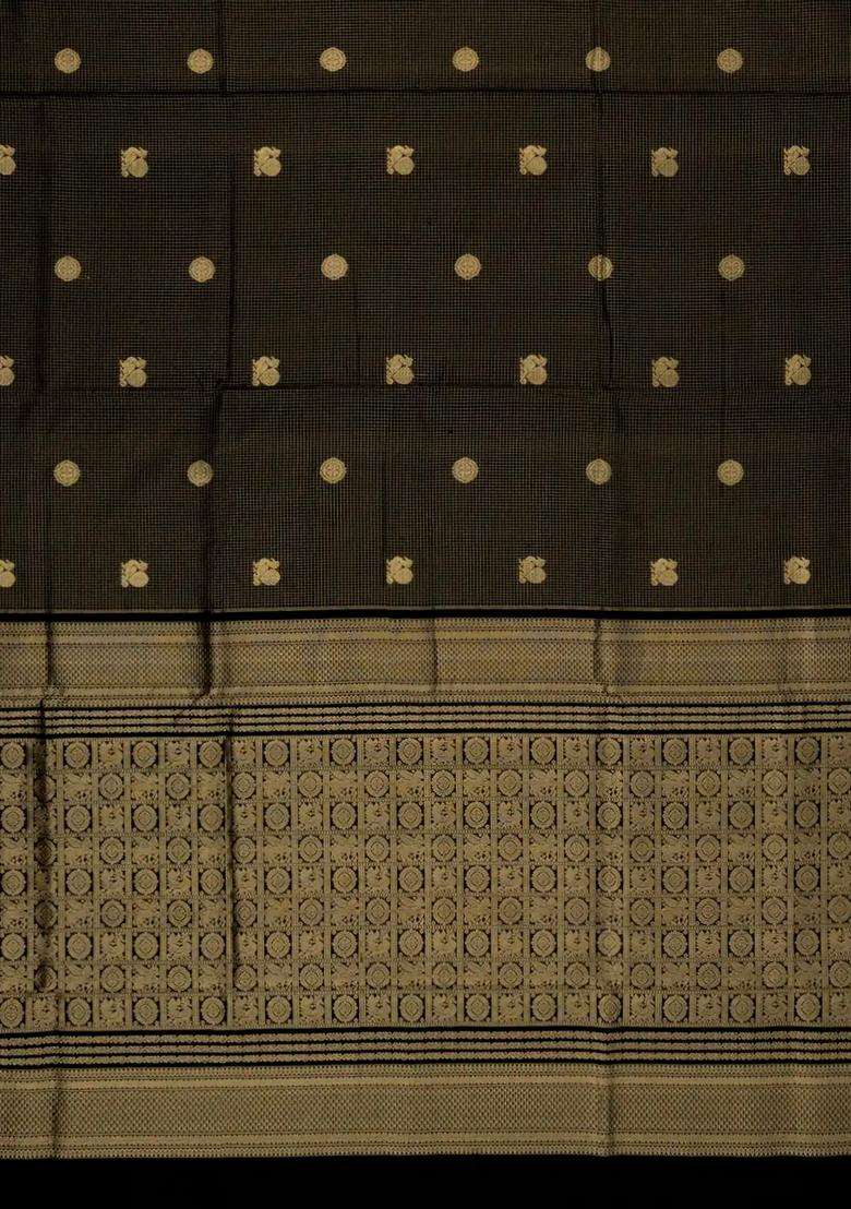 Black Handloom Silk Cotton Saree With Checks Buttas With Buttas And Brocade Design For Women - Indya