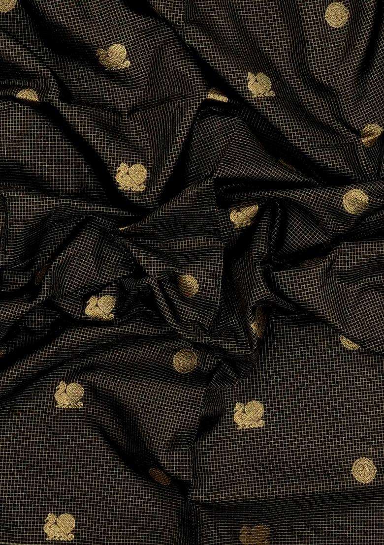 Black Handloom Silk Cotton Saree With Checks Buttas With Buttas And Brocade Design For Women - Indya