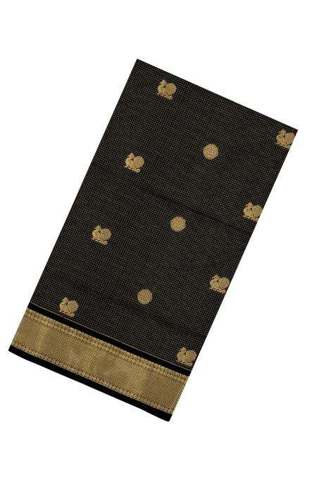 Black Handloom Silk Cotton Saree With Checks Buttas With Buttas And Brocade Design For Women