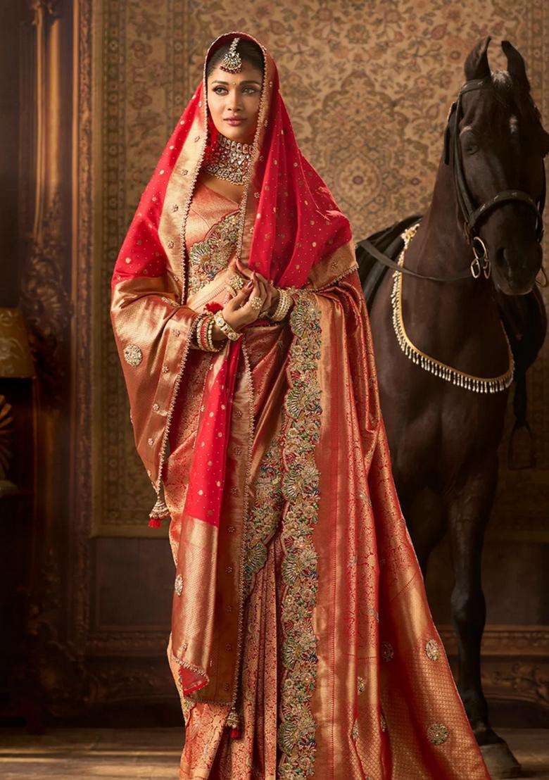 Red Woven Blended Silk Saree Duppatta With Zircon Embroidery With Embroidered Design For Women - Indya