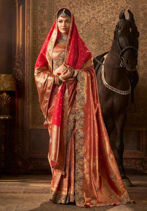 Red Woven Blended Silk Saree Duppatta With Zircon Embroidery With Embroidered Design For Women