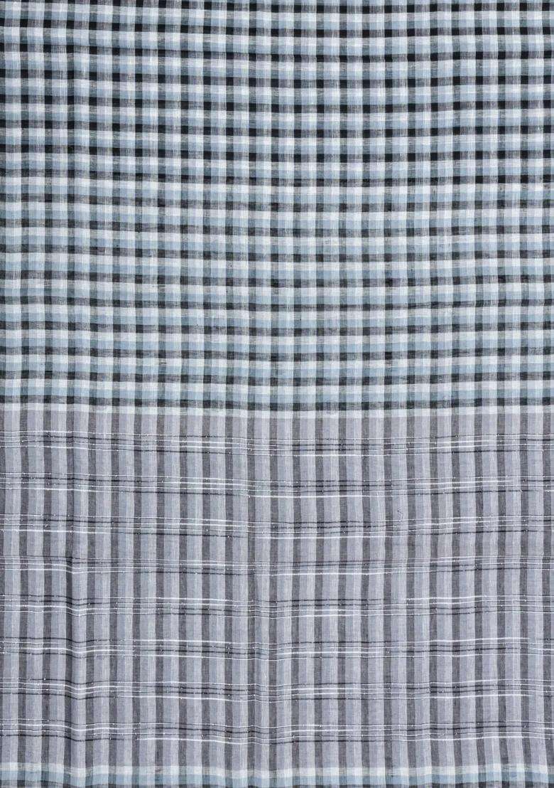 Grey Woven Linen Saree With Checks With Checks And Stripes Design For Women - Indya