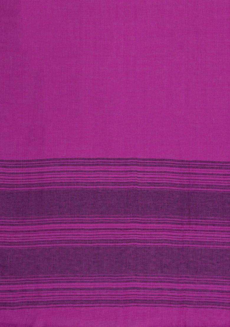 Hot Pink Woven Linen Saree With Contrast Border With Traditional Woven Design For Women - Indya