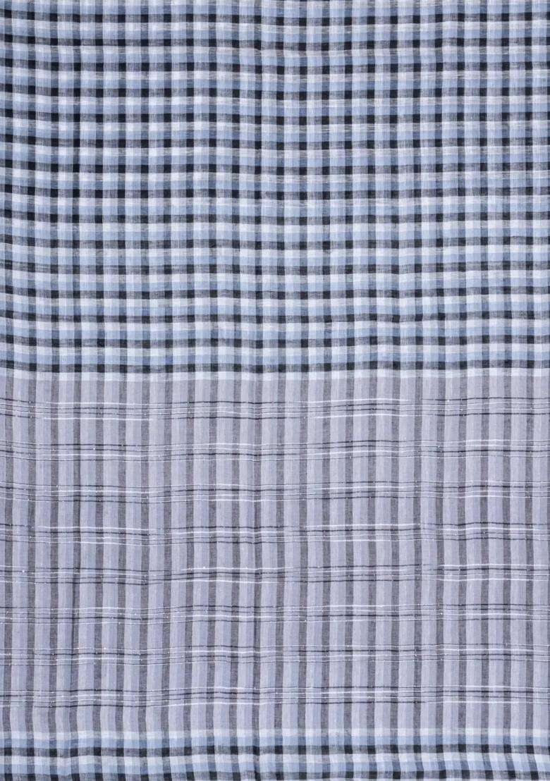 Grey Woven Linen Saree With Checks With Checks And Stripes Design For Women - Indya