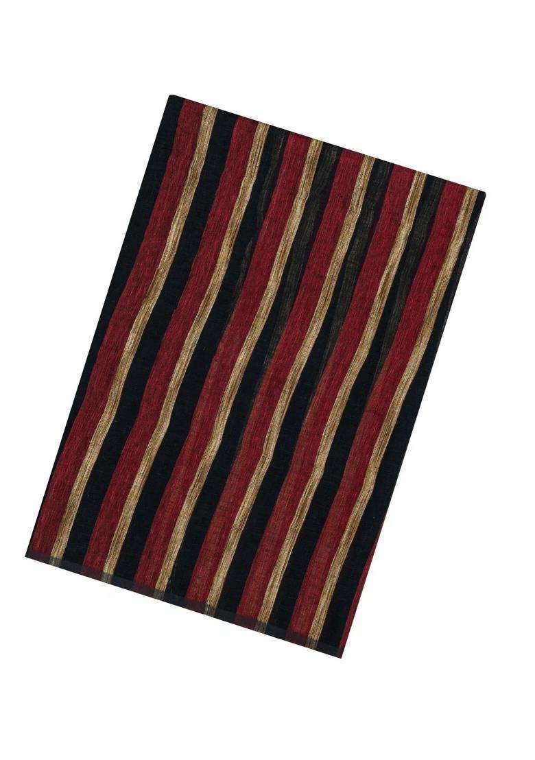 Black Woven Linen Saree With Stripes With Checks And Stripes Design For Women - Indya