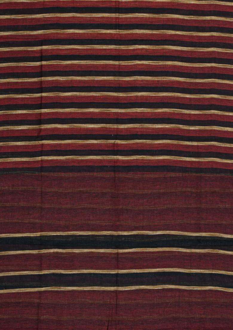 Black Woven Linen Saree With Stripes With Checks And Stripes Design For Women - Indya