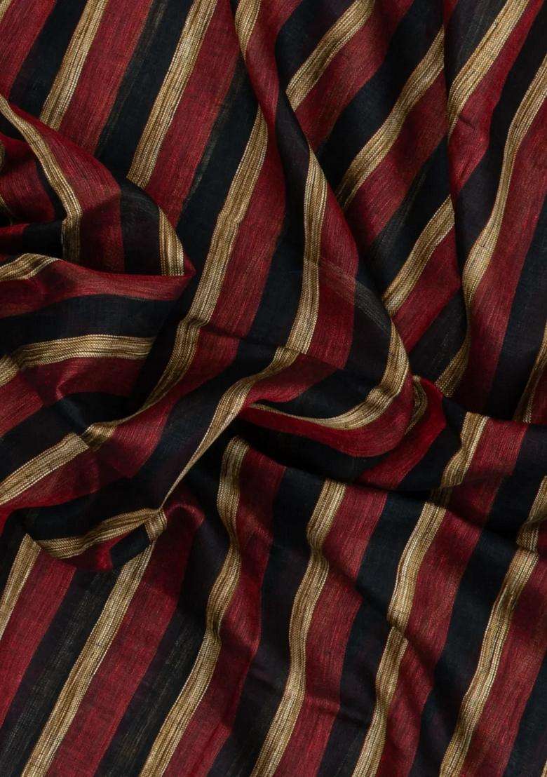 Black Woven Linen Saree With Stripes With Checks And Stripes Design For Women - Indya