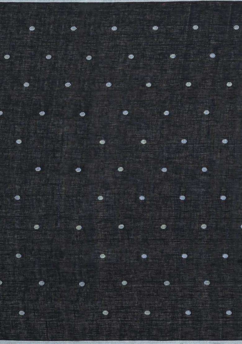 Black Woven Linen Saree With Stripes With Checks And Stripes Design For Women - Indya