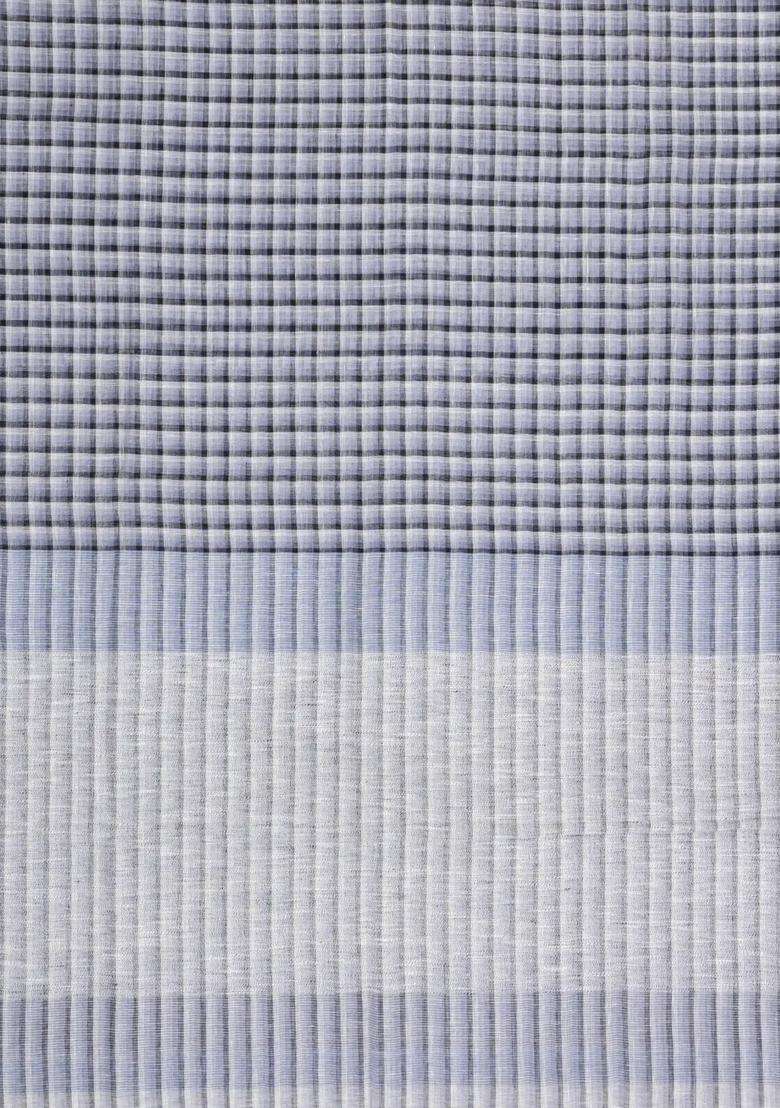 Grey Woven Linen Saree With Checks With Checks And Stripes Design For Women - Indya