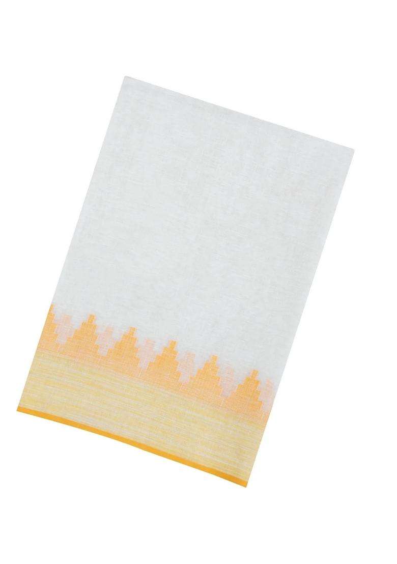White Woven Linen Saree With Contrast Temple Border With Korvai And Temple Border Design For Women - Indya