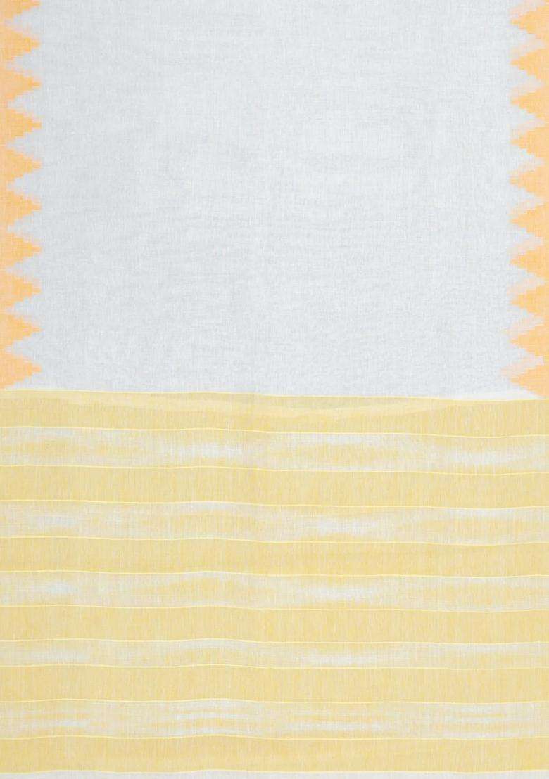 White Woven Linen Saree With Contrast Temple Border With Korvai And Temple Border Design For Women - Indya