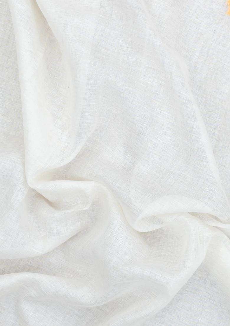 White Woven Linen Saree With Contrast Temple Border With Korvai And Temple Border Design For Women - Indya