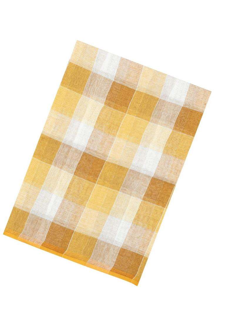 Sandal Woven Linen Saree With Checks With Checks And Stripes Design For Women - Indya