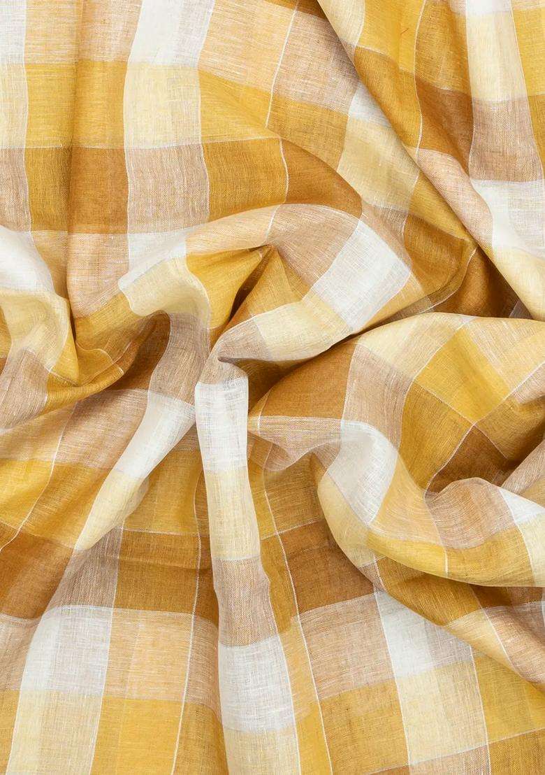 Sandal Woven Linen Saree With Checks With Checks And Stripes Design For Women - Indya